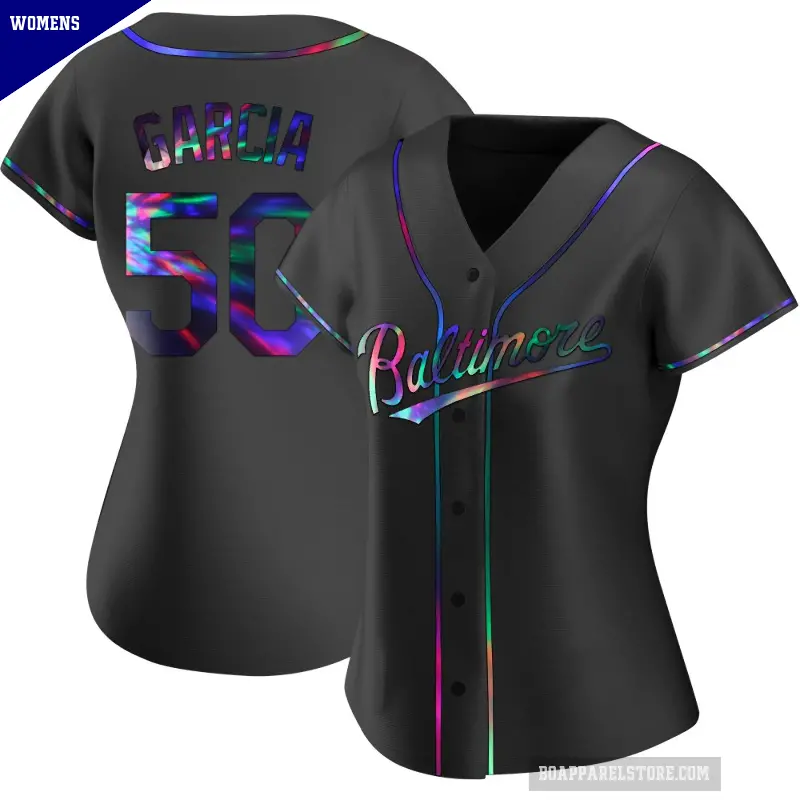 Women's No.50 Rico Garcia Baltimore Orioles Black Replica Holographic Alternate Jersey